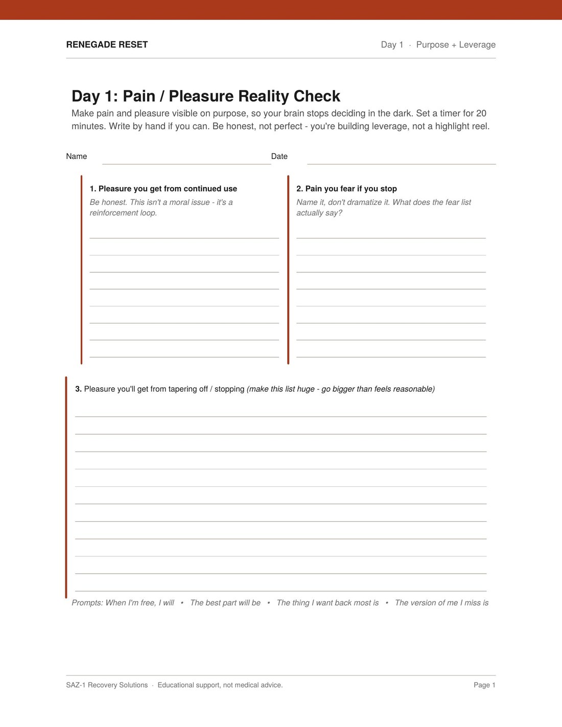 Day 1 Renegade Reset worksheet preview